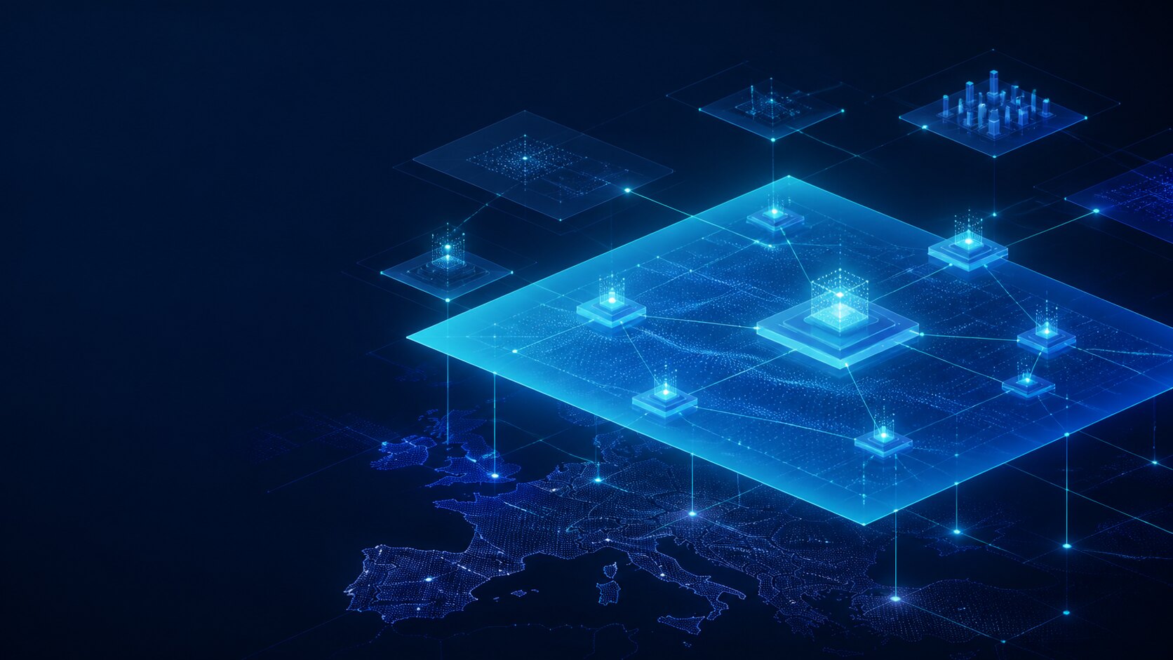 Rete digitale europea con un livello luminoso che connette dati, identità e servizi