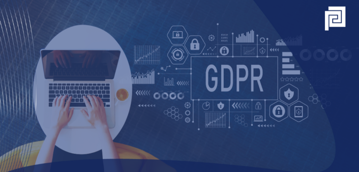 Mani che scrivono al pc e a destra scritta bianca GDPR